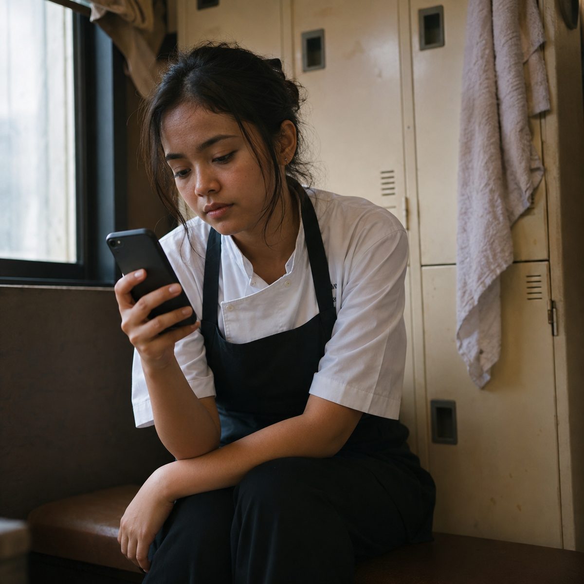 スマートフォンを見ながら考え込む外国人スタッフ（生成AIによるイメージ）