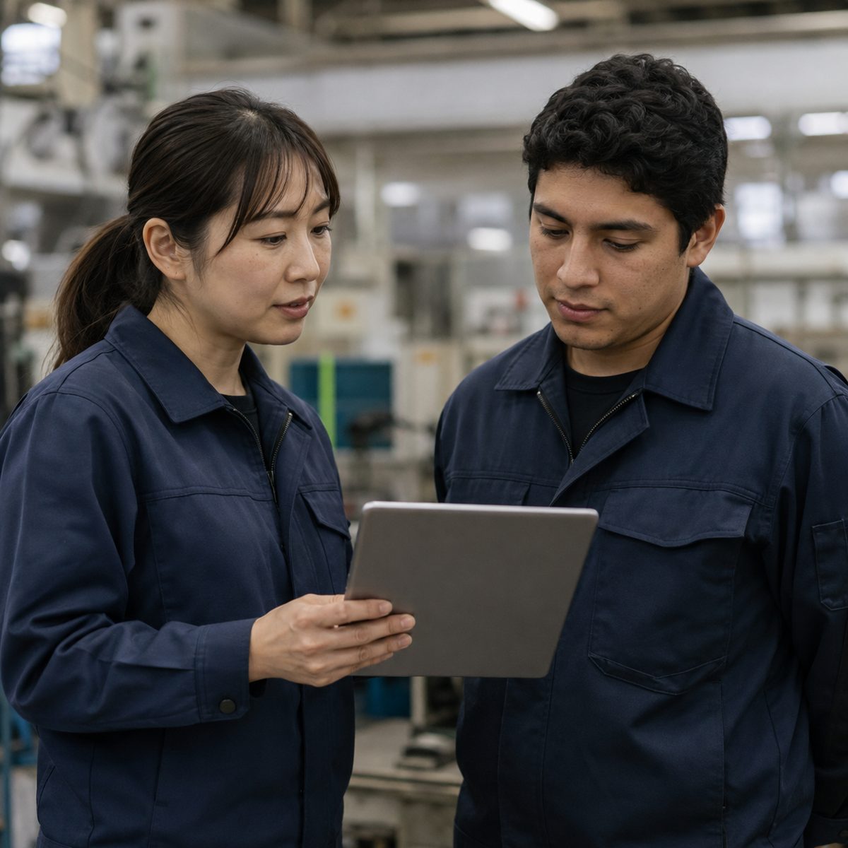 担当者がタブレットを見せながら外国人スタッフに穏やかに説明している様子（生成AIによるイメージ）